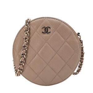 Chanel Iridescent Caviar Quilted Round Clutch With Chain Beige